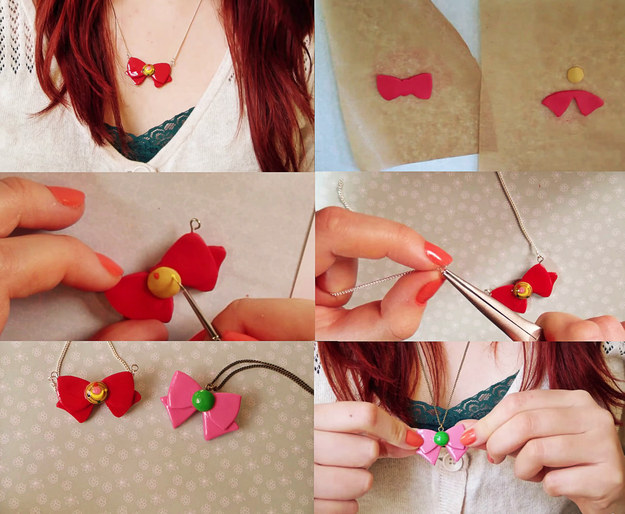 collage of steps creating diy sailor moon bow necklace