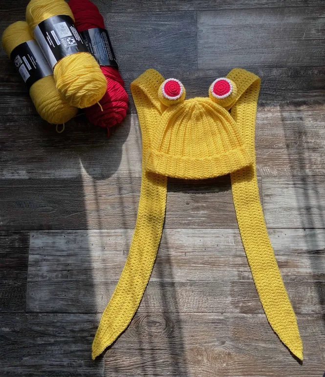 sailor moon crochet beanie with yarn rolls