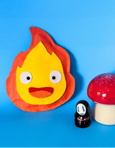 DIY calcifer plushie with studio ghibli collectibles and mushroom